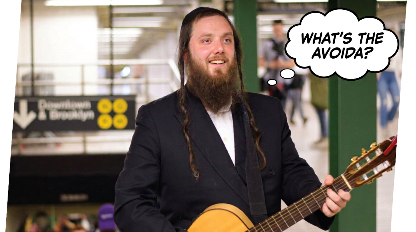 A guitarist on a New York subway platform with a thought bubble reading What's the Avoida?